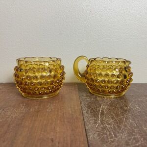 Vintage Amber Hobnail Stackable Creamer and Sugar‎ Set